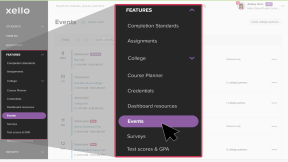 Educator account in Xello. In the left menu, Features is open and the cursor is clicking Events
